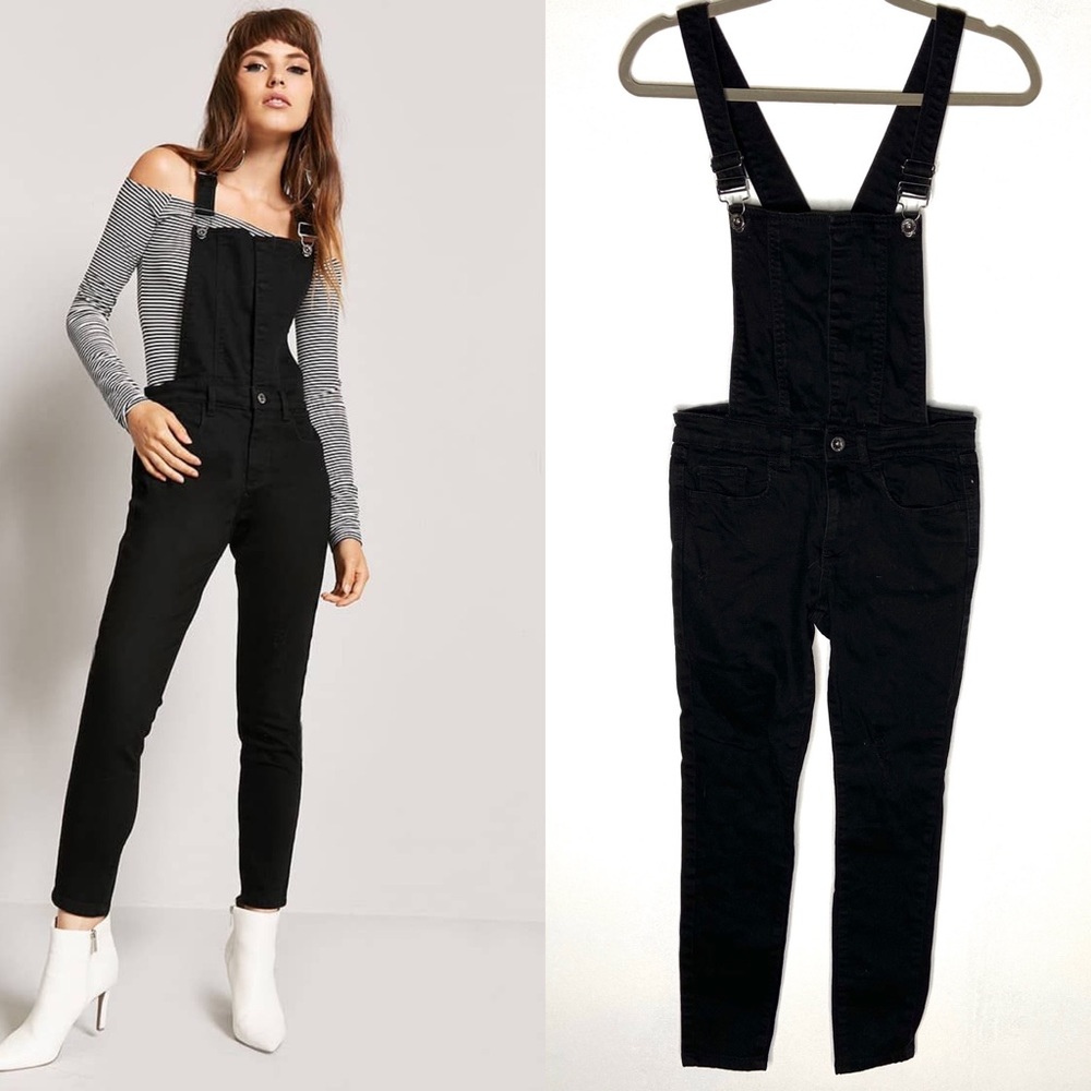 F21 black concealed snap button denim overalls